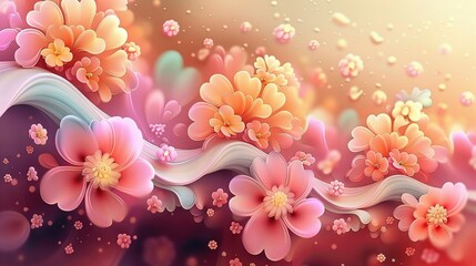 Wall Mural -   A close-up of several flowers with water droplets on their petals and stems