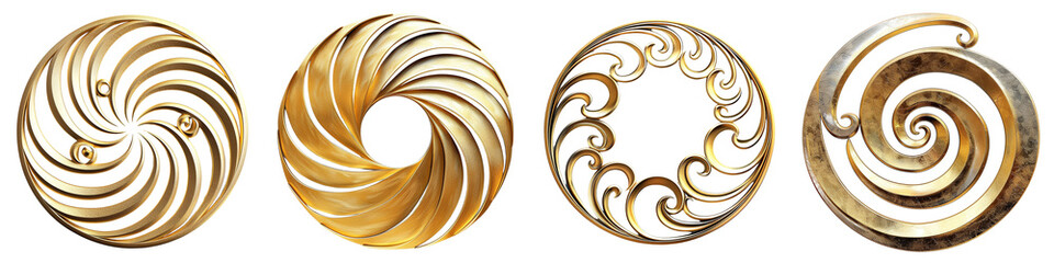 Gold cutout swirl design elements set isolated on transparent background, abstract art