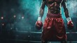 © Matthew - Muscular boxer in red shorts with gloves in smoky boxing ring arena.