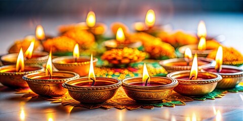 Wall Mural - Burning diya lamps arranged in circular pattern on colorful rangoli design with flowers for diwali festival celebration in india