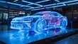 © Prostock-studio - A blue, wireframe model of a sports car is showcased in a factory setting. The car is illuminated from below, highlighting its intricate design.