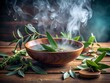 © Adisorn - Fresh eucalyptus leaves and herbs surround a steaming bowl, releasing soothing vapors, as a gentle pouring of hot water creates a calming ambiance for respiratory relief.