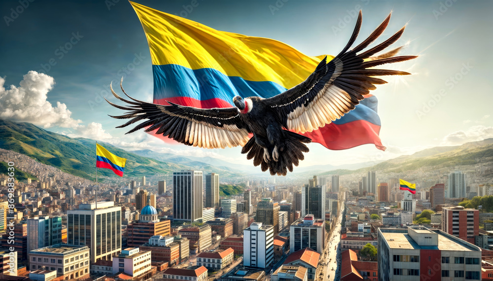 Beautiful Andean Condor Bird Flying Above City With Colombia National