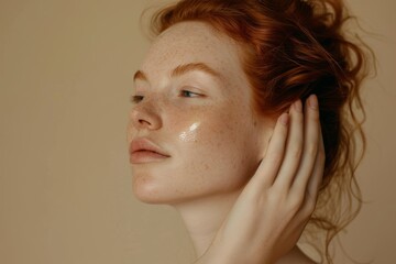 Wall Mural - Picture of a gorgeous young redhead woman alone, posed against a background of beige walls. shutting their eyes.