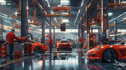 Poster - A modern factory setting with red sports cars and workers. The image captures a bustling car manufacturing environment.