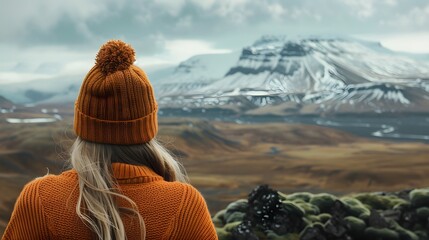 Wall Mural - Girl in orange sweater, hat with pompom, mountain, Patagonia, traveller