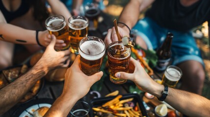 Group of friends having fun and drinking beer together at a barbecue party