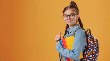 funny child school girl with bag and book on yellow background . Back to school concept