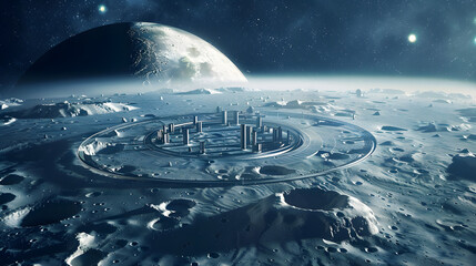 Wall Mural - space station on moon against blue planet earth