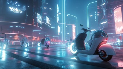 Poster - A digital rendering of a futuristic city at night, featuring glowing neon signs and several white scooters.