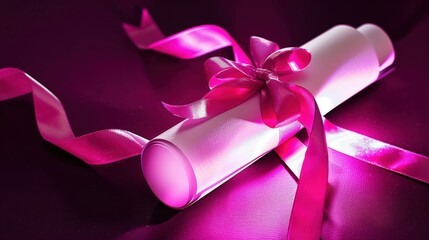 A rolled up diploma tied with a pink ribbon, with a glow of luminous light, highlighting the significance and honor of the academic achievement