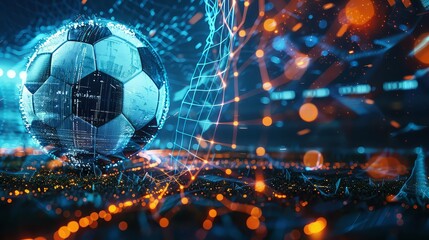 Football ball inside blue and pink digital hologram in dark scene. Digital purple sport background with soccer ball
