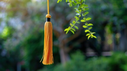 A graduation tassel swinging in the breeze, with a clean background and an area for text on the side, emphasizing the simplicity and elegance of this graduation symbol