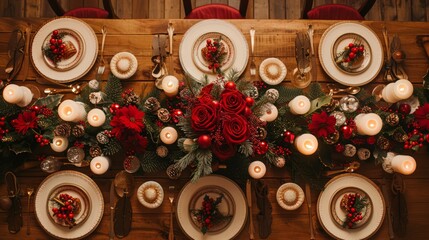 Wall Mural - Perfectly laid table for Christmas, view from above .
