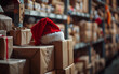 © imagineRbc - A red Santa hat sits atop a stack of brown cardboard boxes, likely filled with Christmas presents, in a warehouse setting