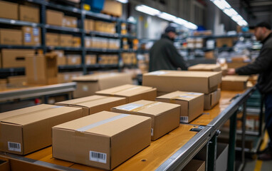 A close-up shot of a line of cardboard boxes being prepared for delivery in a large warehouse. The boxes are stacked neatly on a wooden surface, ready to be loaded onto trucks