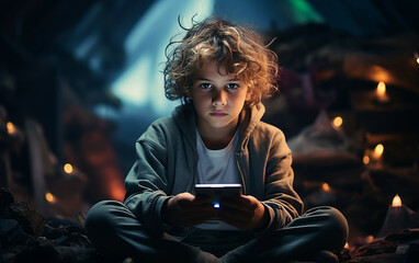 A young boy sits on the floor in a dimly lit room, engrossed in a mobile video game