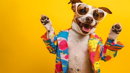 Dog wearing colorful clothes and sunglasses dancing on yellow background