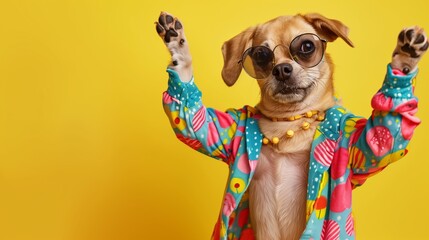 Wall Mural - Dog wearing colorful clothes and sunglasses dancing on yellow background