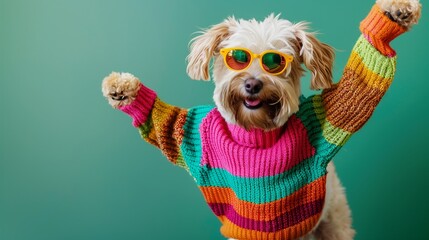 Dog wearing colorful clothes and sunglasses dancing on green background
