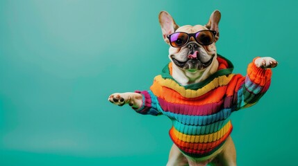 Poster - Dog wearing colorful clothes and sunglasses dancing on green background