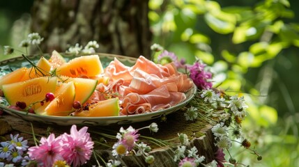 Wall Mural - A platter of sliced melon and prosciutto rests on a bed of wildflowers adding a touch of elegance to the forest edge breakfast setting.