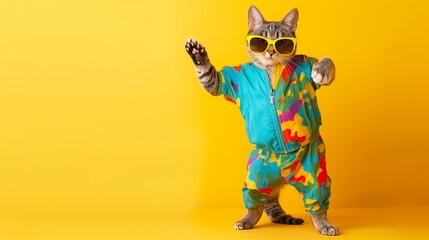 Sticker - Cat wearing colorful clothes and sunglasses dancing on yellow background