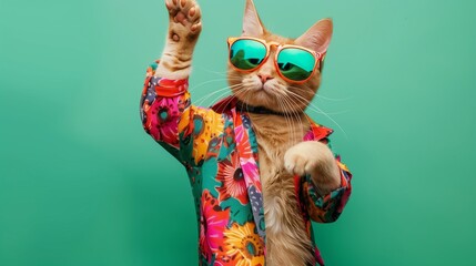 Cat wearing colorful clothes and sunglasses dancing on the green background