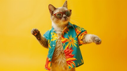 Cat wearing colorful clothes and sunglasses dancing on yellow background