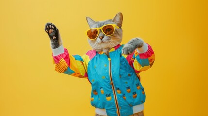 Sticker - Cat wearing colorful clothes and sunglasses dancing on yellow background