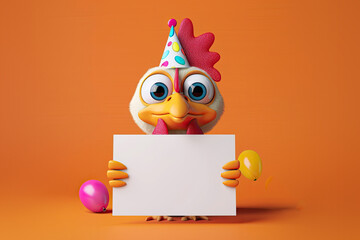 Canvas Print - Cute Cartoon Birthday Chicken Holding a Blank Sign on a Orange Background with Space for Copy