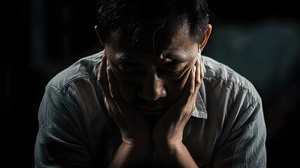 Man sad or cry alone in dark background asia people adult worry unhappy