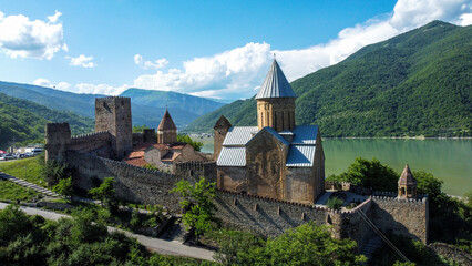 Aerial view of Ananuri Fortress Complex in Georgia.