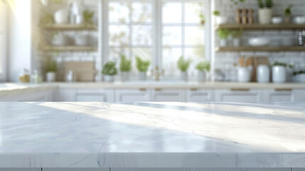 Wall Mural - Marble white tabletop, empty table near window in kitchen illuminated by sunny morning light, blurred background, defocused mock up for display of product or montage