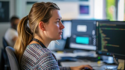 Wall Mural - Serious Female Developer in Casual Attire Engrossed in Programming