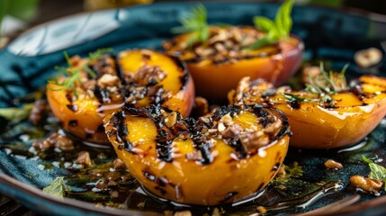 Wall Mural - A simple yet decadent dessert of grilled peaches topped with foraged honey and a sprinkle of foraged nuts.