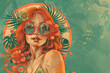 © MonkaLemonka - red haired woman in bikini and sunglasses; green and orange color; copy space for text; exotic tropical summer vibe