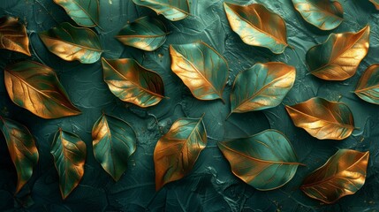 Wall Mural - A metallic gold and green leaf background.