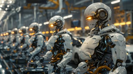 Leinwandbilder - A line of white robots stands in a factory setting, their metallic bodies gleaming under bright lights. The robots appear to be working in unison, their movements precise and efficient.
