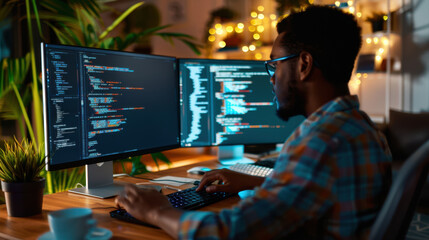 Focused developer working on code with dual monitors in a modern office space filled with ambient lighting and tech gadgets.