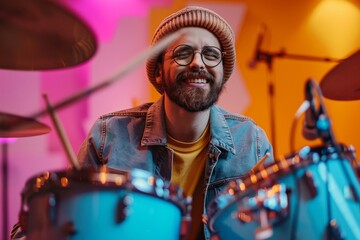 close-up of young male drummer playing on stage. handsome caucasian guy sitting at a drum kit holdin