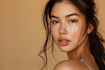 Wall Mural - Close-up portrait of a young woman with natural makeup, looking over her shoulder with a soft expression and loose hair framing her face.