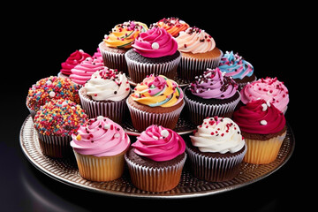 Wall Mural - A delicious array of colorful cupcakes arranged in a tempting display, perfect for a birthday treat