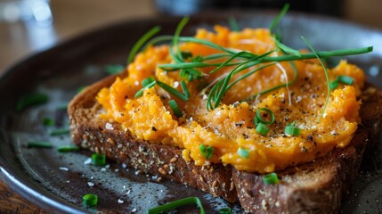 Close Up of Mashed Sweet Potato Toast With Chives and Pepper