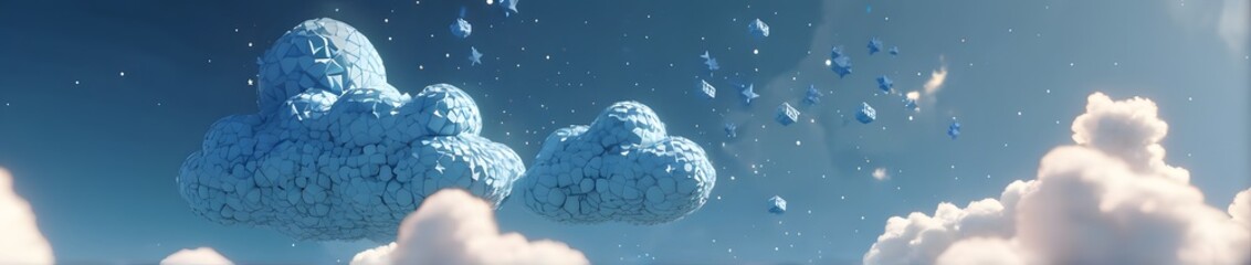 Wall Mural - blue cloud computing concept floating in the sky with a network on top of it, technology and cloud computing concept, ultrawide.