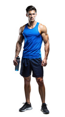 Wall Mural - Full body image of male athlete in blue sportswear holding a bottle on transparent background