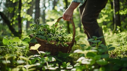 Wall Mural - A serene scene of a person walking through a sundappled forest basket in hand carefully selecting wild herbs and greens for their meal.