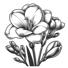 blooming Freesia with leaves, showcasing botanical elegance and beauty sketch engraving generative ai vector illustration. Scratch board imitation. Black and white image.