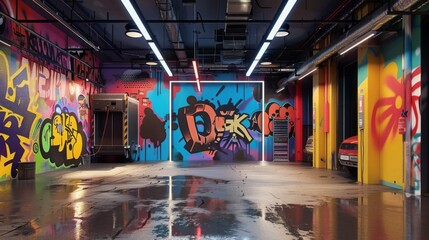 Aufkleber - A graffiti-covered garage with colorful walls, wet and reflective floors, a large D graffiti, a red car, and two garage doors.