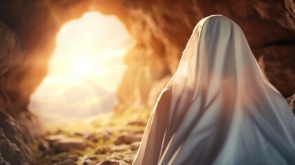 Wall Mural - A person is standing in a cave with a white cloth draped over their head, Jesus Christ